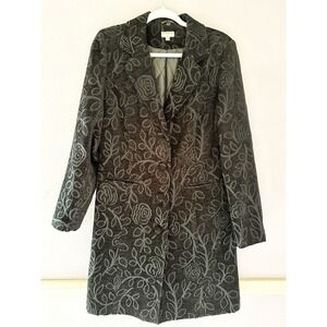 Giacca Y2K Black Floral Tapestry Long Trench Coat Jacket Textured Old Money M